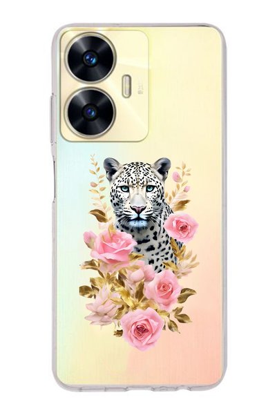 FLAMENKO Realme C55 Compatible Leopard and Pink Rose Pattern Transparent Phon...