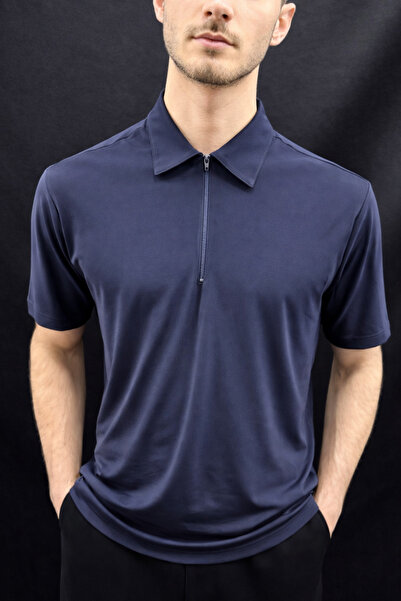 Cansay Giyim Men's Polo Collar Zippered T-Shirt with Textured Fabric Navy Blu...