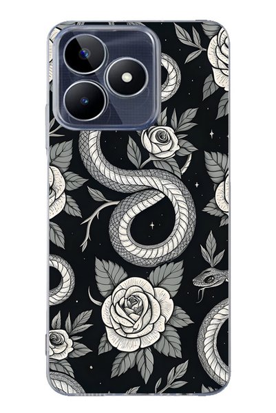 FLAMENKO Realme Note 50 4g Compatible Black Rose and Snake Pattern Transparen...