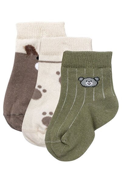 bebegen طقم جوارب للأطفال الأولاد مكون من 3 قطع بنمط دب بني كريمي أخضر