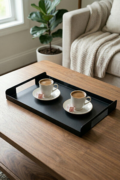 wiesmann Dekoratif Mat Siyah Metal Dikdörtgen Tepsi Kulplu Çay Kahve Sunum Te...