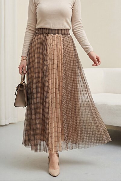 Modamorfo Square pattern elastic waist lined tulle skirt - mink