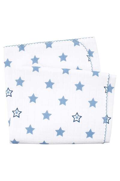 bebegen Baby Boy Ecru Blue Ribbed Star Patterned Pique Muslin Blanket 100X100Cm