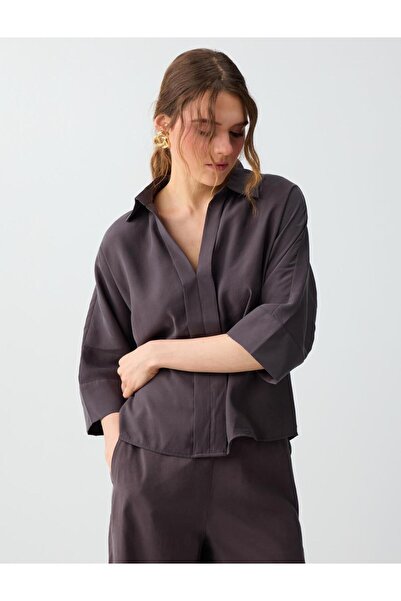 Jimmy Key بلوزة منسوجة من قماش المودال ذات ياقة قميصية وأكمام ثلاثية الأرباع ...