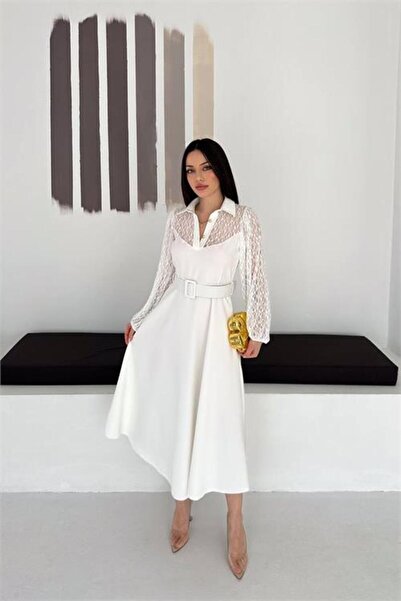 Neşeli Butik γυναικείο λευκό πουκάμισο με γιακά, διαφανές τοπ, με λεπτομέρεια...