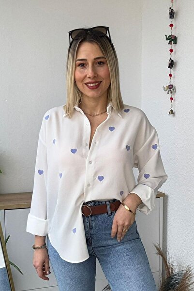 Mivida Önü MAVİ Kalp Nakışlı Uzun Kol Keten Gömlek