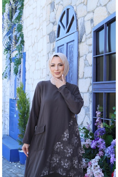 MODAMÜNASİP Υπέροχο λινό φόρεμα με ένα τσεπάκι και λεπτομέρεια λουλουδιών, 10...