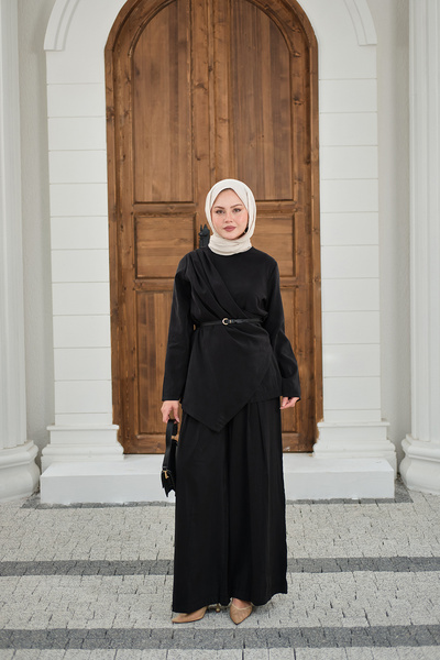 LOCCO Γυναικείο Σετ Παντελόνι με Λεπτομέρεια Πλαϊνής Ραφής σε Μαύρο Χρώμα