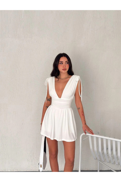SERERO VOGUE Kadın Derin V Yaka Etek Görünümlü Şortlu Elbise Drapeli Mini Yaz...