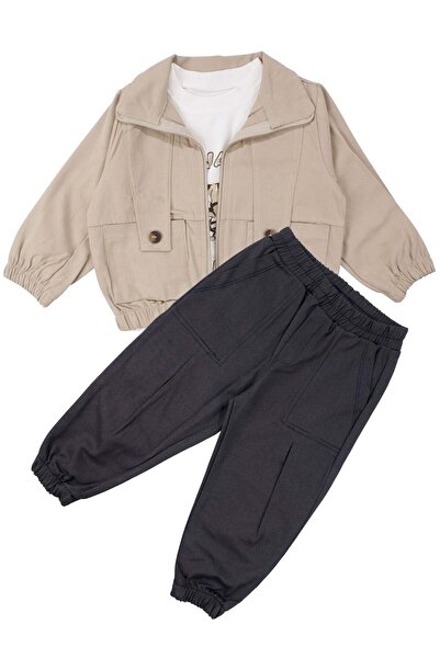 bebegen Boy's Ecru Kaplan Patterned Badili Beige Jacket 3-Piece Set