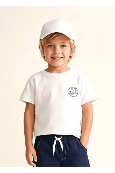 Ozmoz By Mukadder Özden Organic White Little Boy's T-Shirt with Printed Back