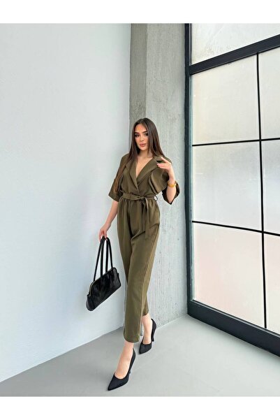 MADAME MELEK Premium Kuşak Detaylı Kruvaze Yaka Rahat Kalıp Kadın Tulum