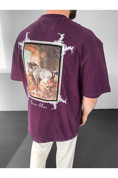 NO1 KONSEPT Μωβ Oversize Premium T-Shirt με στάμπα αλόγου και κέντημα