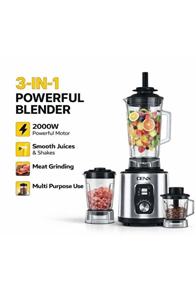 Denx 2000W 3-in-1 Heavy Duty Blender with 3L Jar + Grinder + Meat Mincer