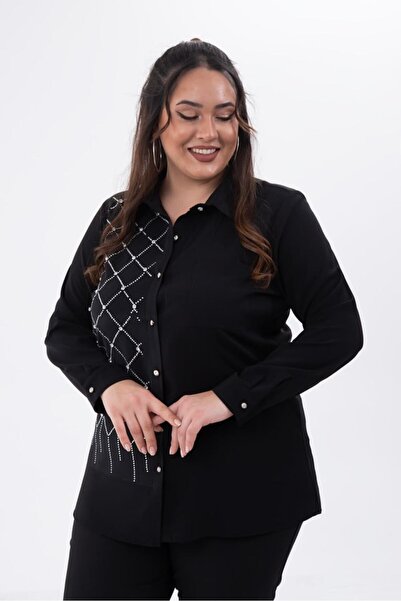 Roxxlen Women's Plus Size Stone Detailed Shirt Black