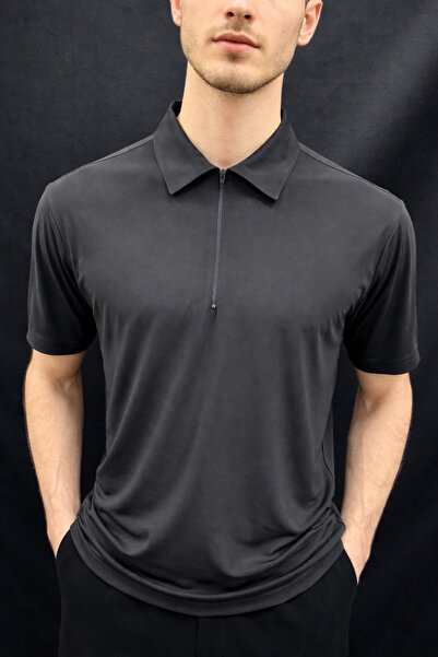 Cansay Giyim Men's Polo Collar Zippered T-Shirt with Textured Fabric Navy Blu...