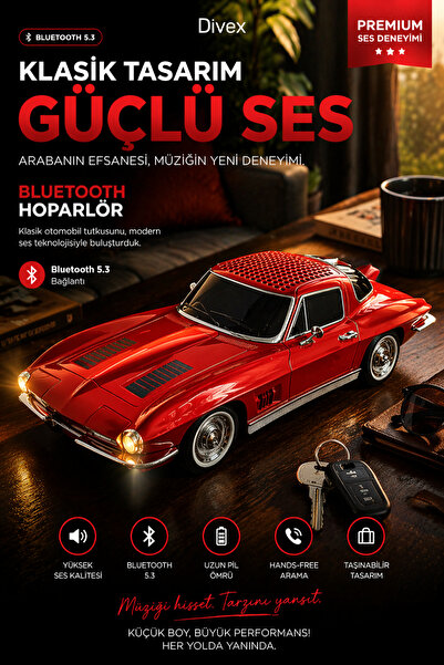 Divex Nostaljik Araba Bluetooth Hoparlör – Şarjlı, LED Işıklı, FM Radyo, SD K...