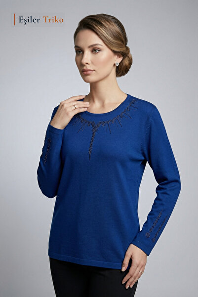 Eşiler Triko Women's Parliament Column Flower Pattern Collar and Sleeves Embr...