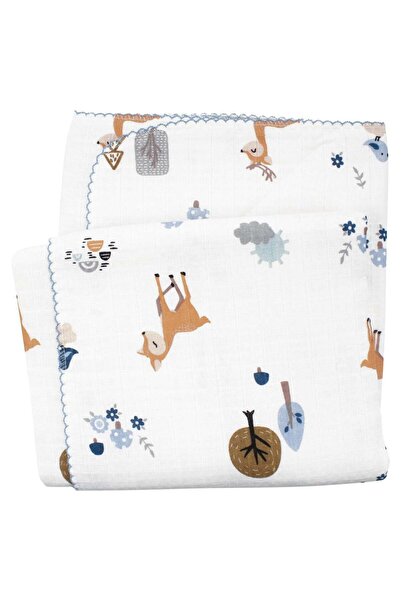 bebegen Baby Boy Ecru Blue Piping Deer Gazelle Patterned Pique Muslin Blanket...