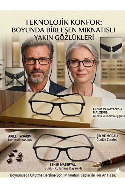 Trend Milano Unisex Mıknatıslı Yakın Okuma Gözlüğü-Esnek Saplı-Siyah/Kahverengi ve Siyah Kırmızı Saplı Seçenekli