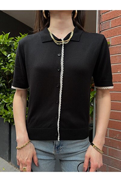 yeditepe fashion Short Sleeve Polo Collar Lace Detail Viscon Knitwear Cardigan