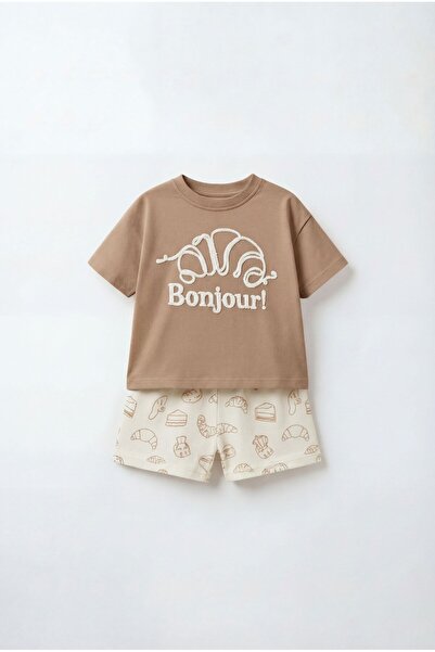 Magu Unisex Bebek Pamuklu Vizon Kruvasan Temalı Tişört Şort Takım