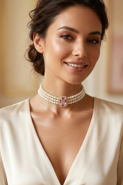 Happyline Cam İncili Gümüş Kaplama Tasma PembeBaget Taşlı Choker Kolye Özel T...