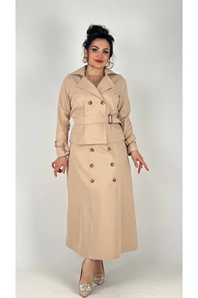 mardi exclusive Women's Plus Size Belted Trench Coat Jacket Skirt Set Beige