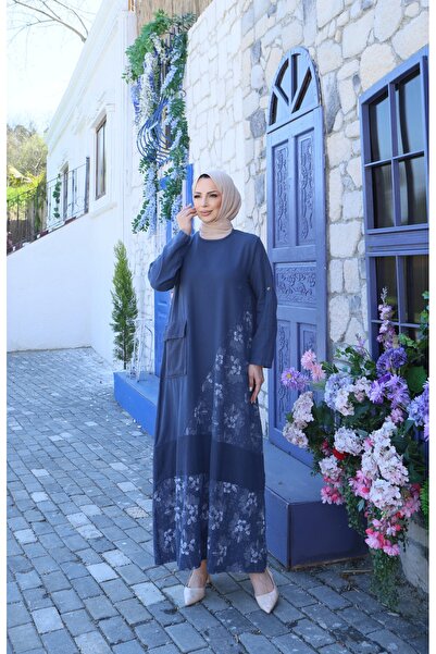 MODAMÜNASİP Υπέροχο λινό φόρεμα με ένα τσεπάκι και λεπτομέρεια λουλουδιών, 10...