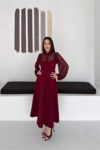 Neşeli Butik γυναικείο μπορντό πουκάμισο με γιακά, διαφανές τοπ, με λεπτομερή...