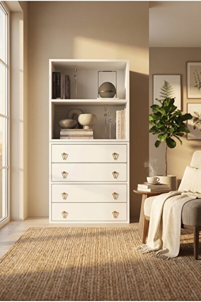 FOR WOMAN DESİGN Modern Çok Amaçlı Şifonyer Kitaplık 4 Çekmeceli Raflı Dolap ...