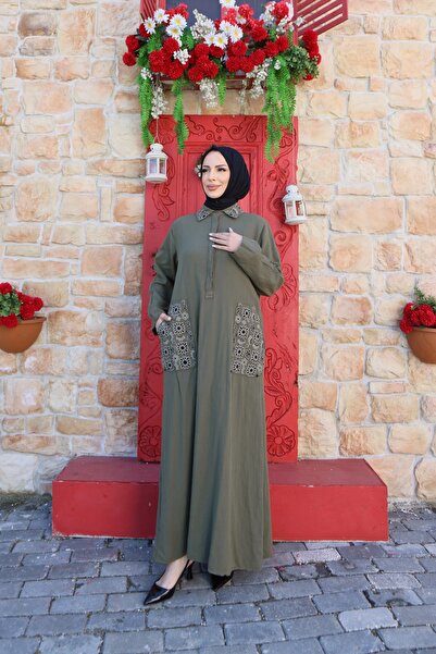 MODAMÜNASİP Υπέροχο λινό φόρεμα με διπλές τσέπες, κεντημένο με κορδόνια, 100%...