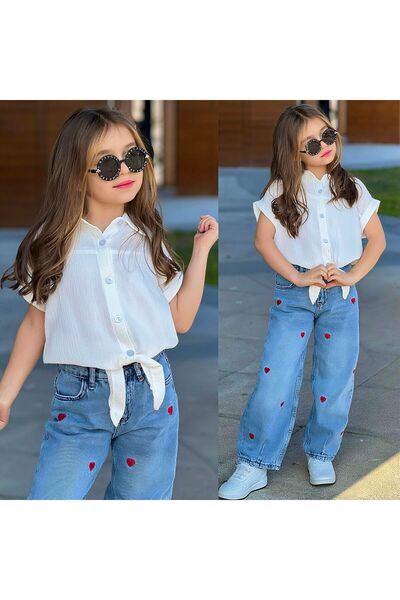 RAPAPA Bluză albă pentru fete, set pantaloni din denim cu inimioare-25225