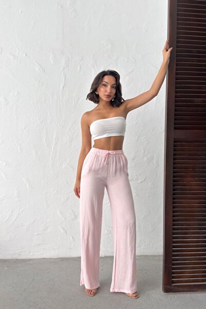 NEW JOURNAL Γυναικείο παντελόνι μουσελίνας με λεπτομέρεια δεσίματος στη μέση ...