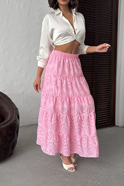 NEW JOURNAL Fusta maxi roz cu talie elastică pentru femei NJ134