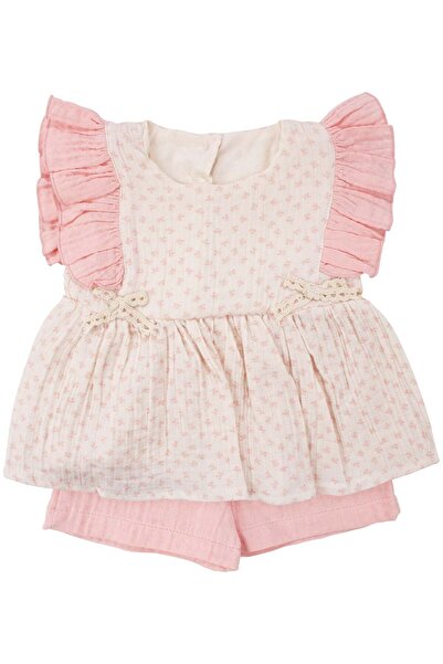 bebegen Baby Girl Ecru Pink Ruffled Sleeves, Scallop Bow, Patterned Shorts, M...