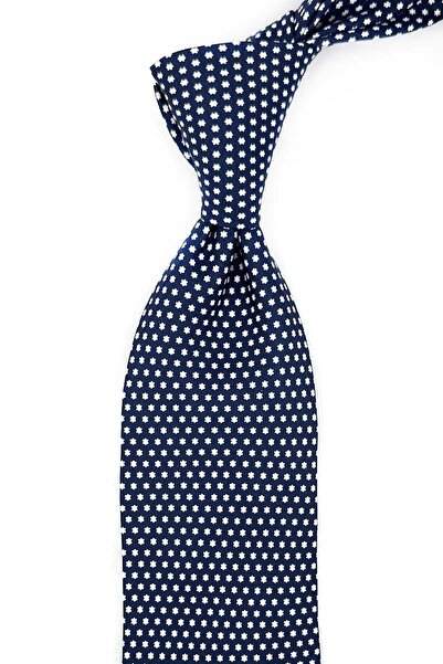 Kravatkolik Navy Blue - White Star Pattern Italian Silk Tie Ik2368