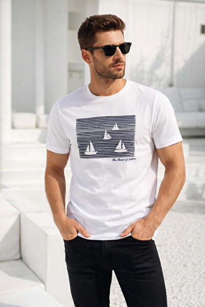 Rich Ανδρικό μπλουζάκι από λευκό βαμβάκι με κοντό μανίκι και λαιμόκοψη ποδηλα...