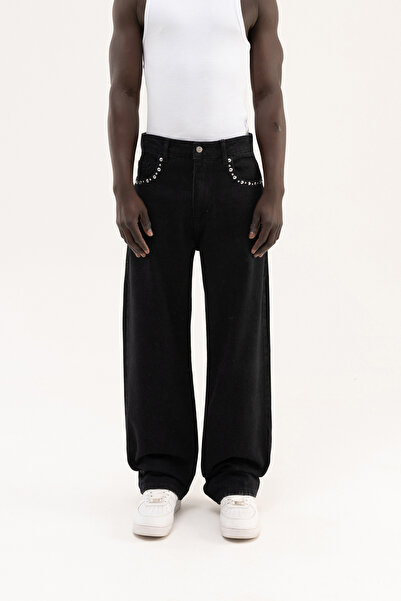 Machinist Men's Studs Embellished Baggy Jean Trousers Black