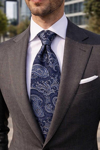 Kravatkolik Galliano Style Şal Desen İtalyan Lacivert İpek Kravat İK2355