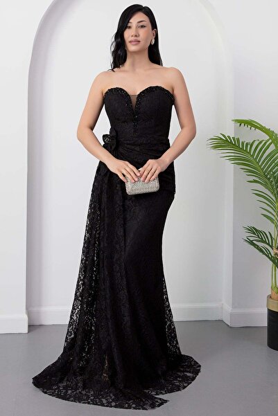 PULLIMM Дантелена рокля без презрамки с детайл роза, обсипана с камъни ECR5859