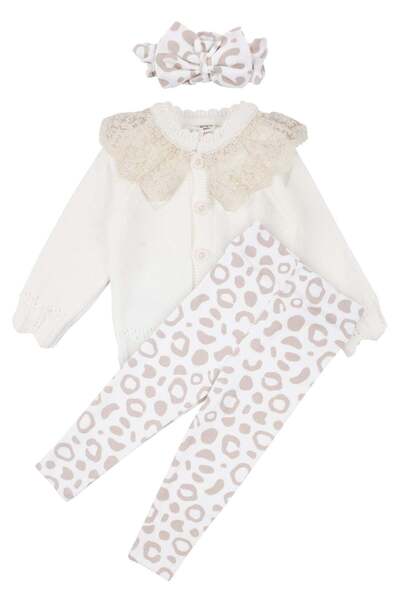 bebegen Baby Girl Ecru Leopard Patterned Knitwear Cardigan with Scallop Colla...