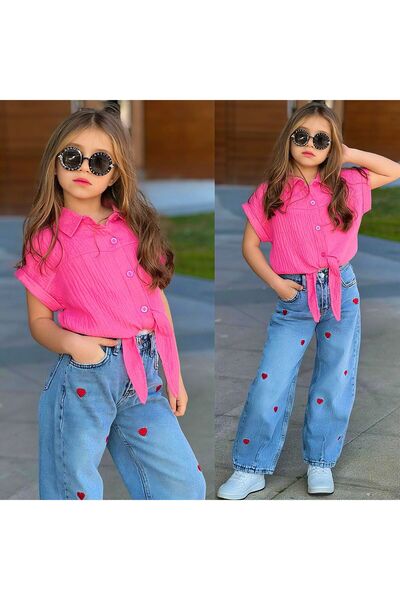RAPAPA Set bluză și pantaloni din denim cu inimioare pentru fete-25225P