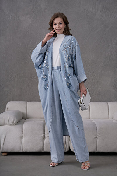 Miss Allos Γυναικείο σετ με κέντημα από παγιέτες και πέτρες, τζιν κιμονό ζακέ...