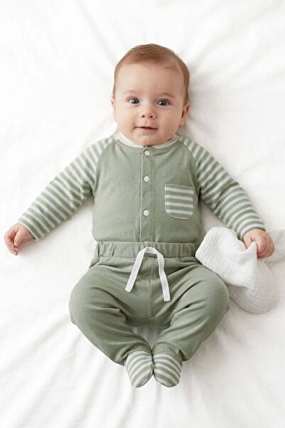 bebegen Unisex Green Ecru Striped Pocketed 2-Piece Set