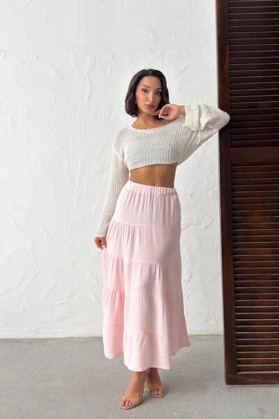 NEW JOURNAL Γυναικεία φούστα μίντι από μουσελίνα με ελαστική μέση σε πούδρα N...