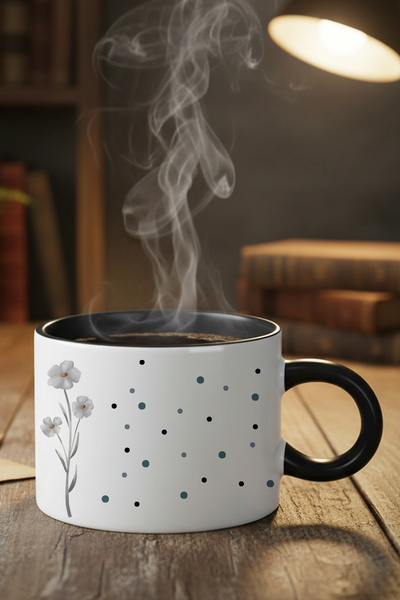 giftkonsept Polka Dot Elegant Floral Printed Black Mini Mug Teacup with Handle