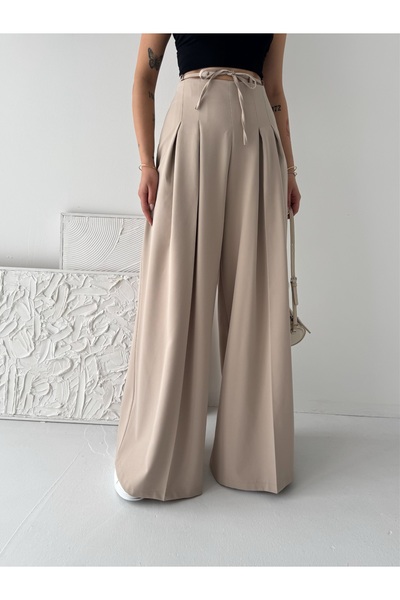 chize Trendy Wide Leg Zippered High Waist Lace-Up Pleated Palazzo Pants