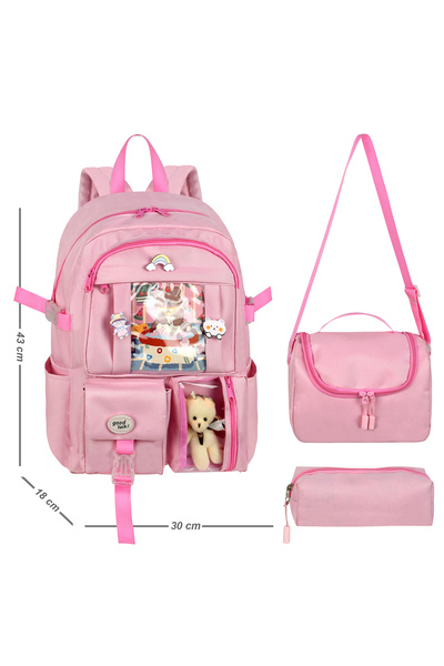 Royal Glow Kore Tarzı Ayıcıklı Aksesuarlı Kız Çocuk İlkokul Çantası Termal Be...