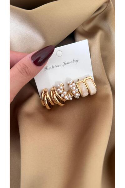 MonCheriAccessoire 3lü Taşlı ve Gold Küpe Seti